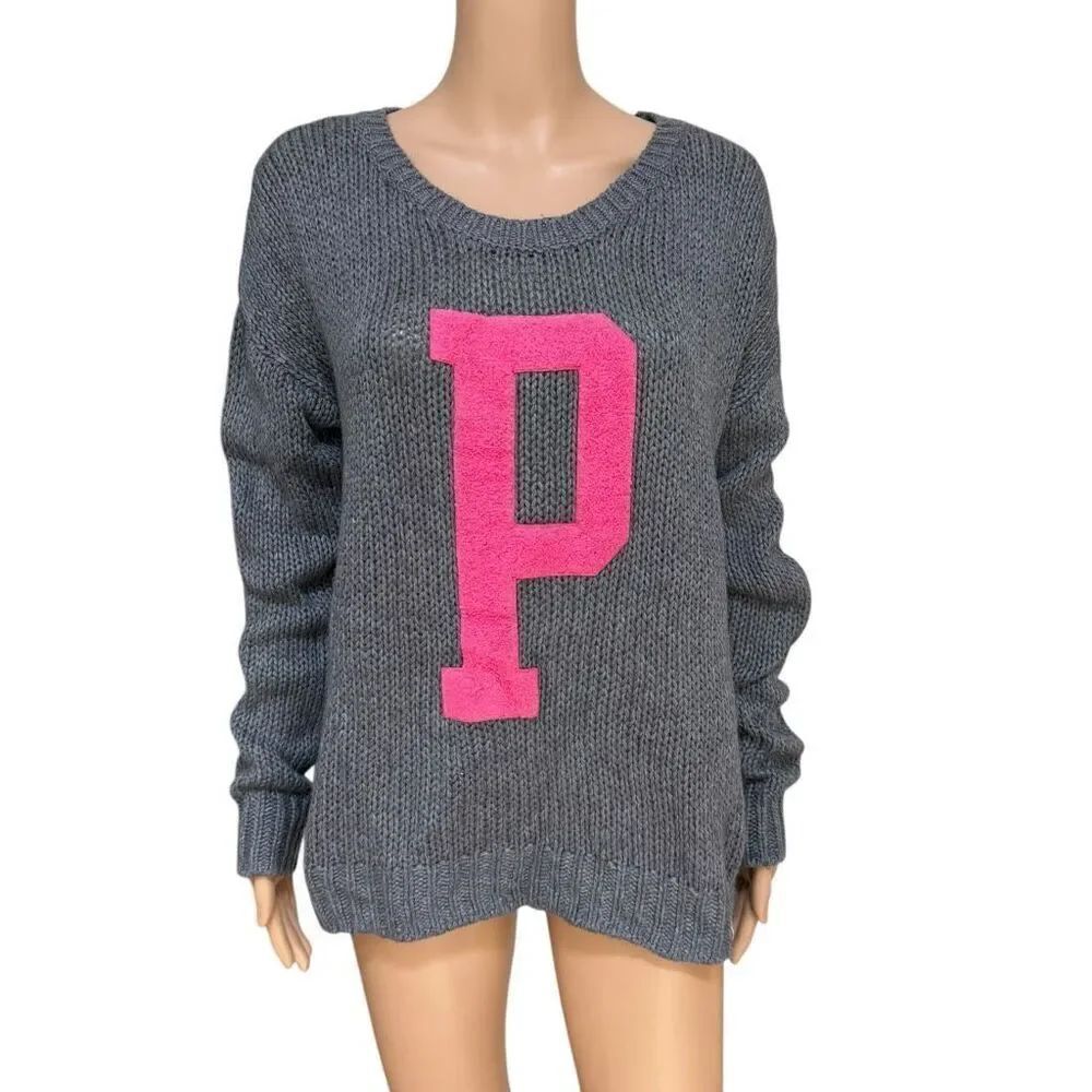 PINK for Victoria’s Secret Gray Wool Knit Sweater Large P Logo Collegiate Sz M